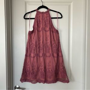 Embroidered Mauve High Neck Sleeveless Dress